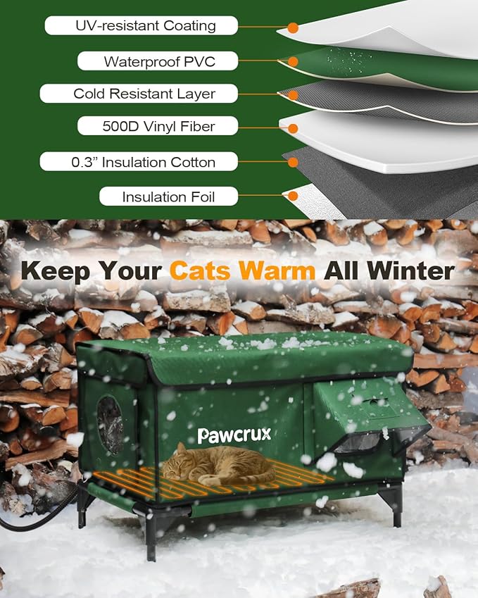 Weatherproof Heated Cat House for Outdoor in Winter, Heated Cat Bed Kitty Shelter with Cat Heating Pad, Insulated & Safe Escape Door, Warm House for Outside Stray Cat(Green, 12"x16"x16")