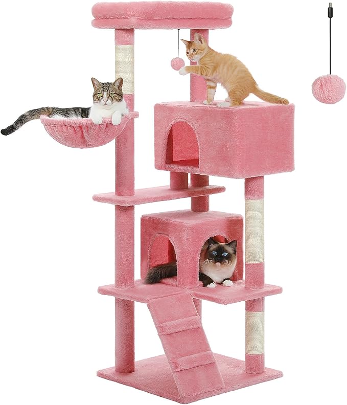 Pink Cat Tree for Indoor Cats, 2 Cozy Condos with Spacious Top Perch, 56.3-Inch Multi-Level Cat Tower with Scratching Posts, 2 Caves, Plush Hammock and Climbing Ramp