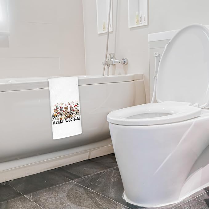 Christmas Dog Kitchen Towels, Merry Woofmas Christmas Hand Towels for Bathroom Dish Towels Tea Towels for Kitchen Decor for Bathroom, 16x24 Inches