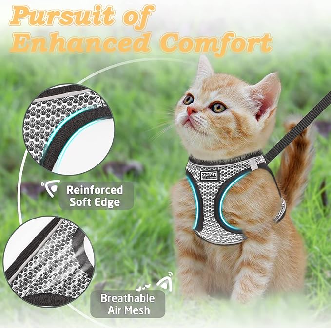 Cat Harness and Leash for Walking Escape Proof, Adjustable Kitten Vest Harness Reflective Soft Mesh Puppy Harness for Outdoor, Comfort Fit, Easy to Control (Gray, S)