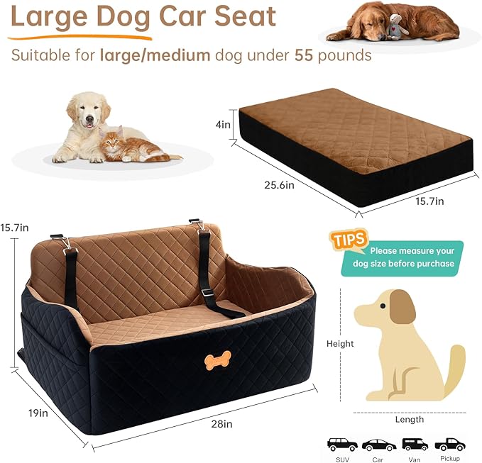 Car Seat for Large Size Dog, Booster Seat for Dogs Under 55 lbs or 2 Small Dogs, Soft Car Dog Bed Filling in Thick Memory Foam with 2 Safety Leashes and Storage Pocket (Brown/Black)