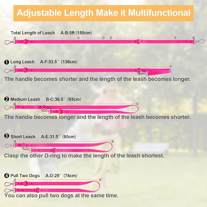 Wisedog Waterproof Dog Leash – 5ft/6ft Adjustable with 2 Hooks & Traffic Handle, Easy to Clean Double Clip Leash for Small, Medium, Large Dogs (Rose Violet,M)