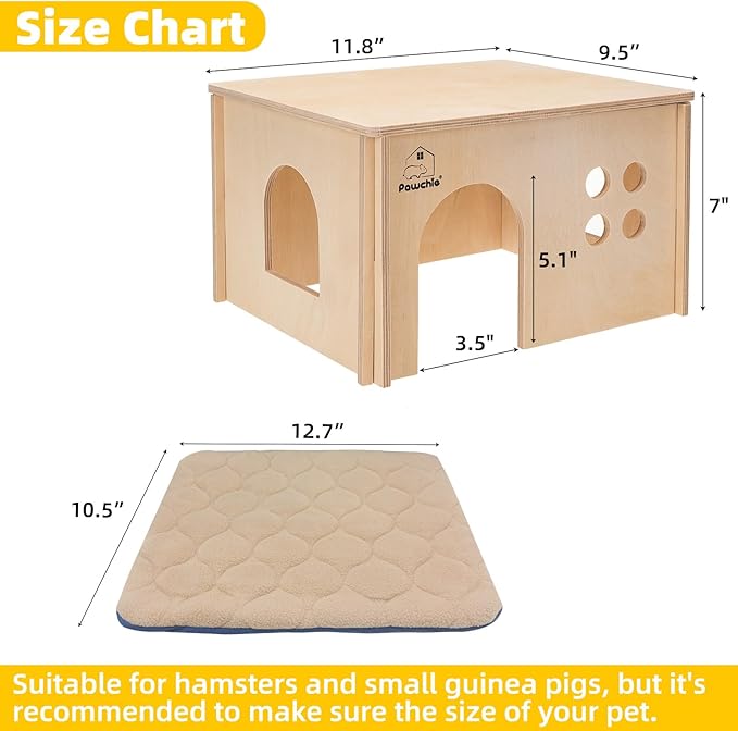PAWCHIE Guinea Pig House Hide - Wooden Hideout for Chinchilla Small Animals, Habitat with Windows Guinea Pig Hamster Rat Living