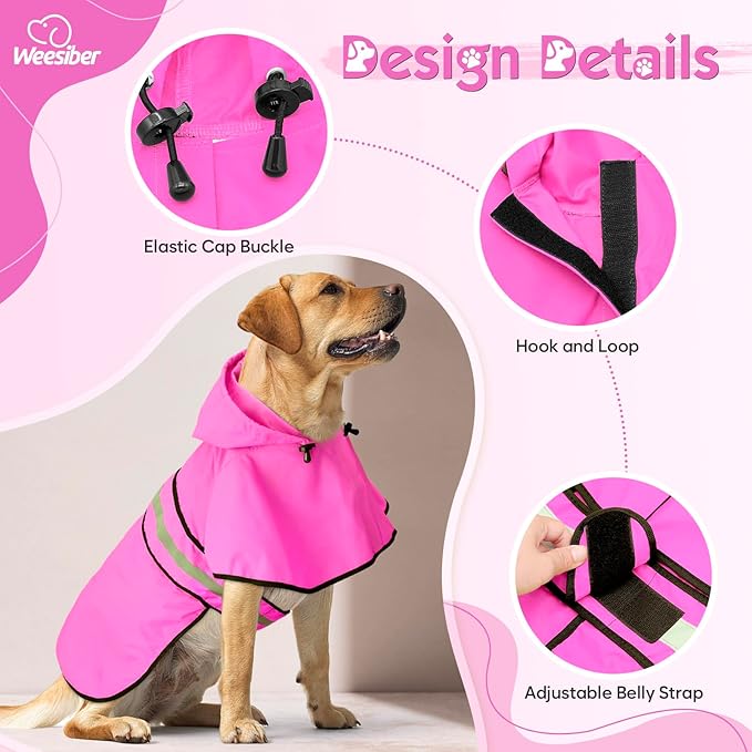 Weesiber Dog Raincoat - Reflective Dog Rain Jacket - Waterproof Dog Rain Coat - Adjustable Dog Poncho - Lightweight Dog Slicker for Dog Walking (Large, Pink)