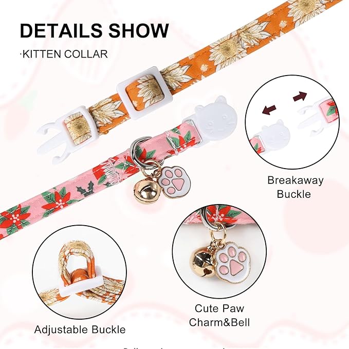Unique Style Paws Christmas Kitten Collar,2 Pack Cat Collar for Girl Cats with Flower Pattern,Breakaway Cat Collar with Bell,Cute Paw Pendant,Ideal Gift for Boy Girl Cats