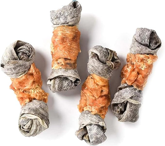 Dog Treats Chicken Wrapped Cod Skin Knotted Bones-6.5", All-Natural Healthy Fish Skin Dog Chew Treats for Medium Large Breeds, Rich in Omega-3 Protein, 4 Counts, 10.6 OZ