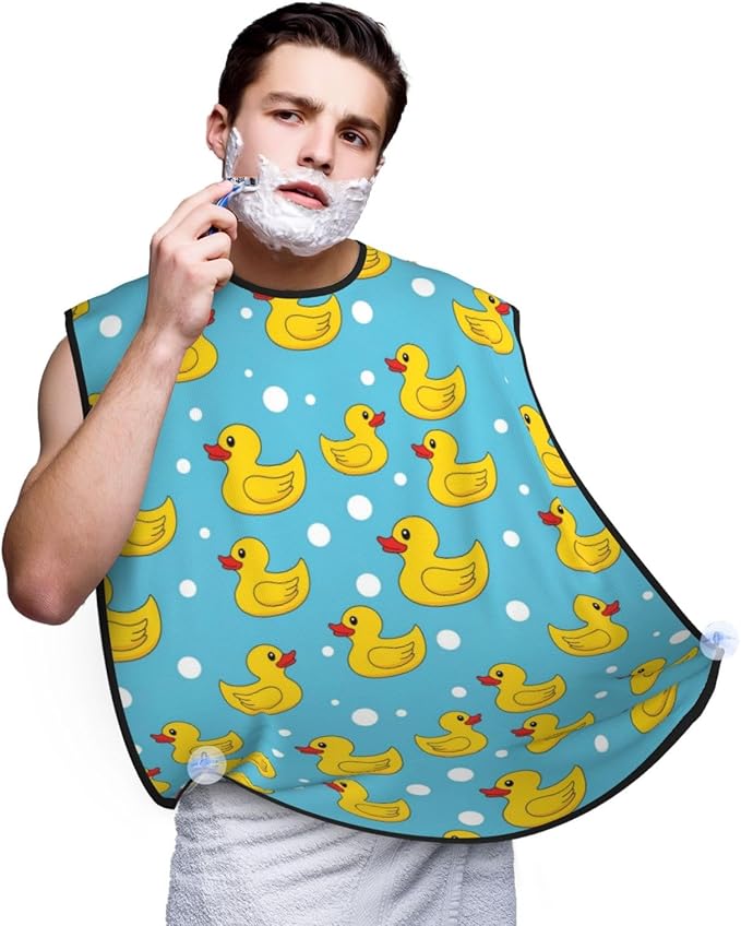 Beard Hair Catcher for Men, Waterproof Shaving Bib Apron Non-Stick, Trimming Tool for Dad Husband, Yellow Rubber Duck Print Shave Bib