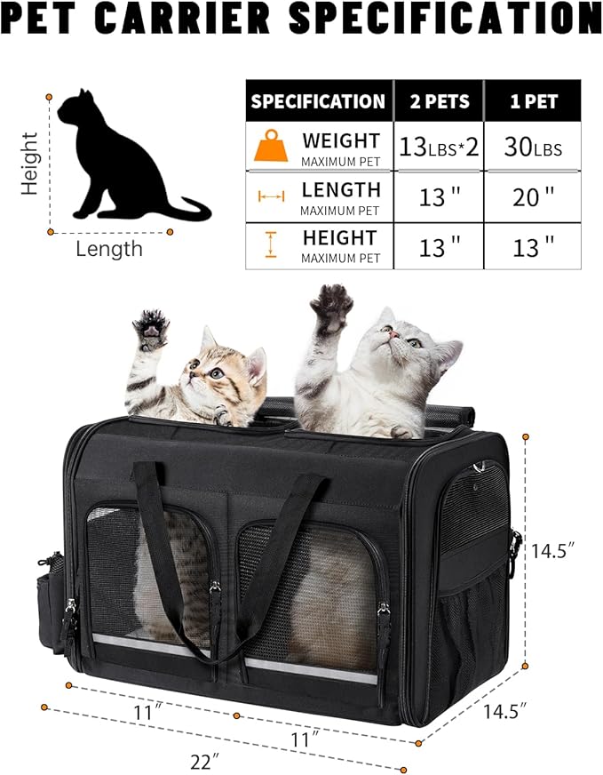 Cat Carrier for 2 Cats, Foldable Double Cat and Dog Carrier, Small to Medium Size, 2 Front Zippered Compartments,Two Pets Carrier for Outdoor Travel,Mulitple Cat Carrier (Black)