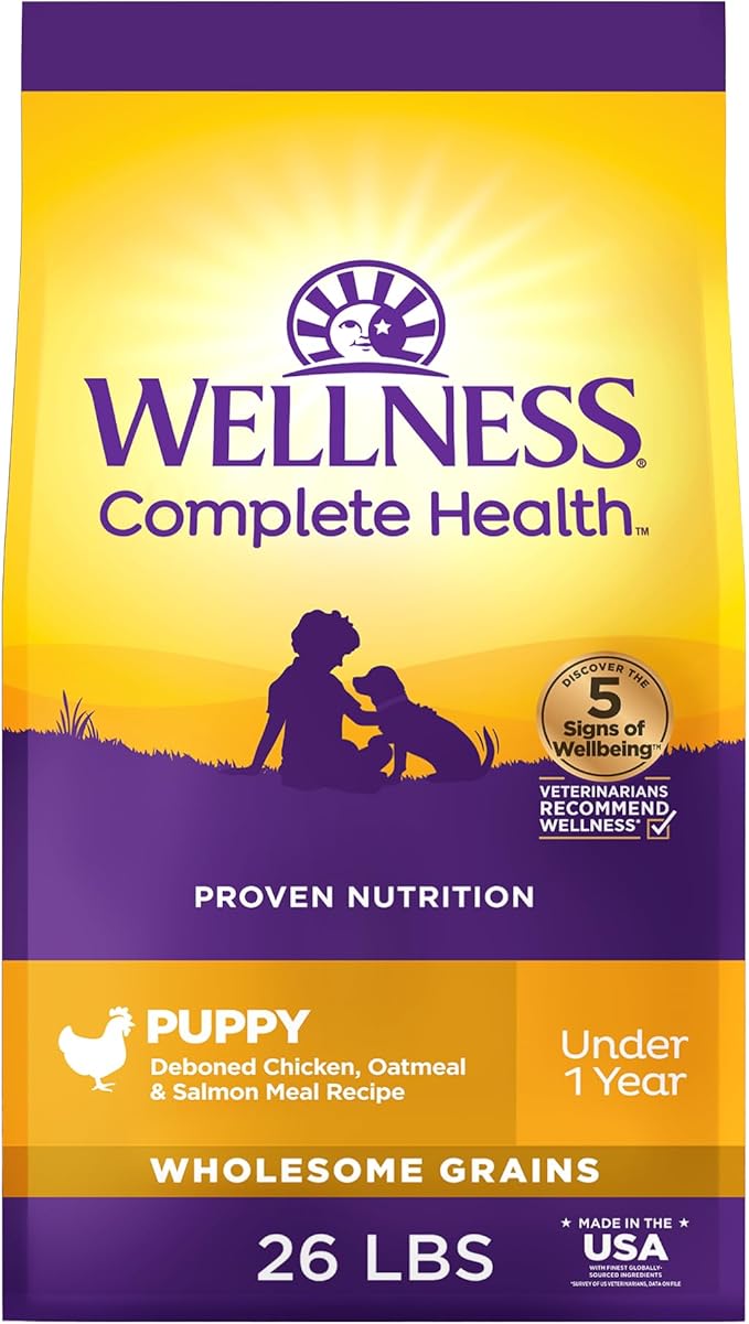 Wellness Complete Health Puppy Dry Dog Food, Wholesome Grains, Natural, Chicken, Oatmeal, & Salmon Recipe, (26-Pound Bag)