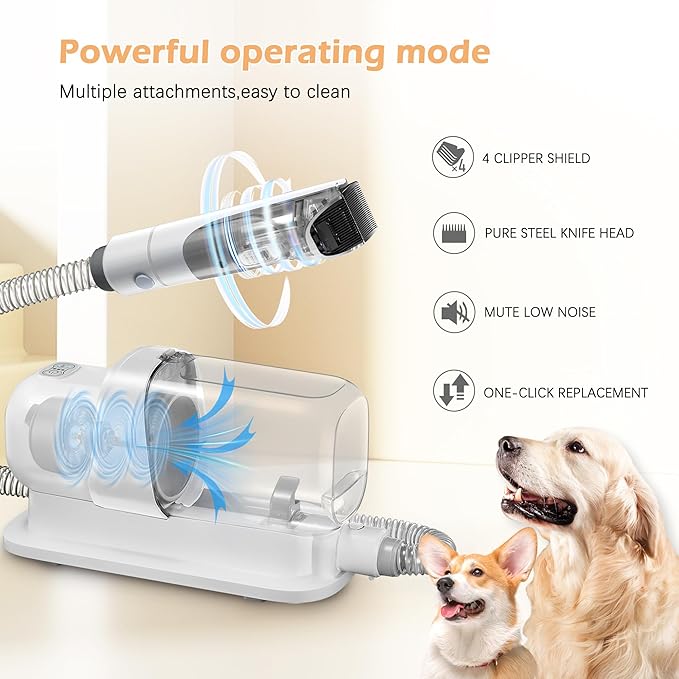 Grooming Kit with 2.3L Vacuum Suction 99% Pet Hair, Pet Grooming Vacuum Low Noise with 5 Tools and 4 Different Lengths Clipper Guards for Dog Cat (White)