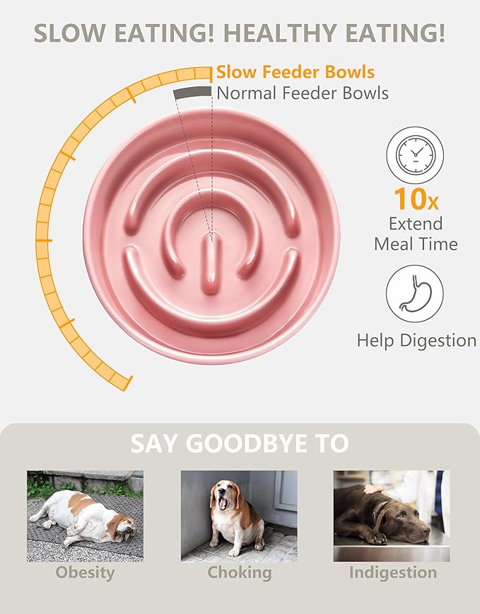 Ceramic Slow Feeder Dog Bowls Elevated, 0.6 Cup Slow Feeder for Small Dogs and Cats, Puzzle Maze Bowl, Prevents Choking, 6in, Pink