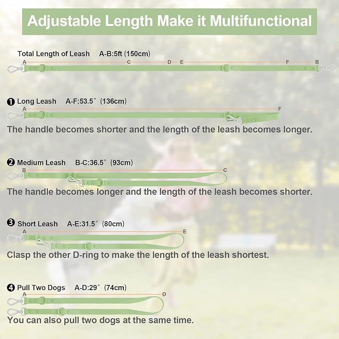 Wisedog Waterproof Dog Leash – 5ft/6ft Adjustable with 2 Hooks & Traffic Handle, Easy to Clean Double Clip Leash for Small, Medium, Large Dogs (Sage Green,M)