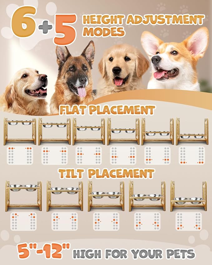 Elevated Dog Bowls, Adjustable Raised Dog Bowl Stand for Medium Large Size Dogs, Durable Bamboo Dogs Feeder with 2 Stainless Steel Bowls and Non-Slip Feet, Pet Food Bowl for Medium Large Sizes