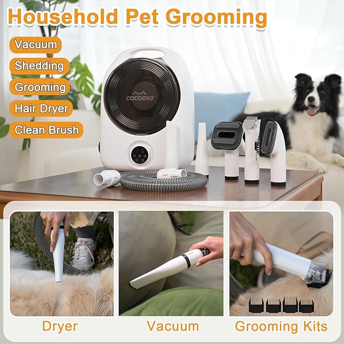 Dog Grooming Vacuum Kit,Cat Dog Hair Dryer Groomer,Pro Pet Hair Remover with Brush,Detangle,Deshed,Clean,Dry Attachments,Negative Ion Constant Temperature Fast Drying,10000Pa Pet Vacuum-White
