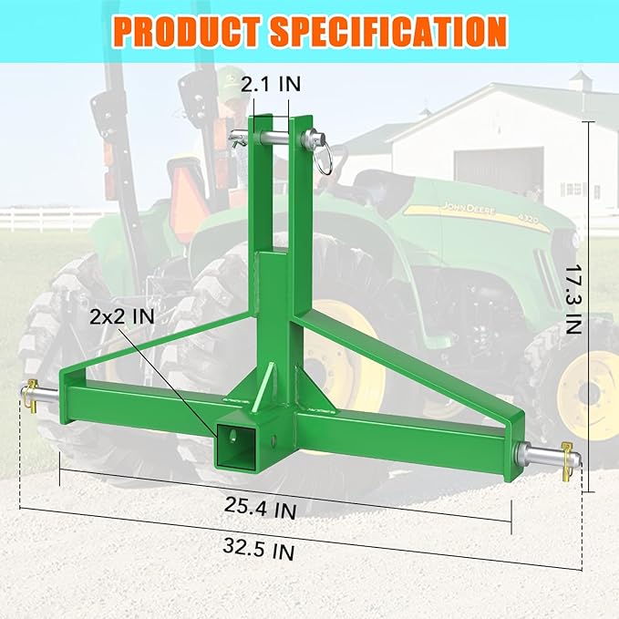 3 Point 2" Trailer Hitch Receiver Heavy-Duty for Category 1 Tractors Compatible with Kubota, BX, LM25H, WLM Tractor, NorTrac, Yanmar, Kioti, Cat (3 Point 2"-Green)