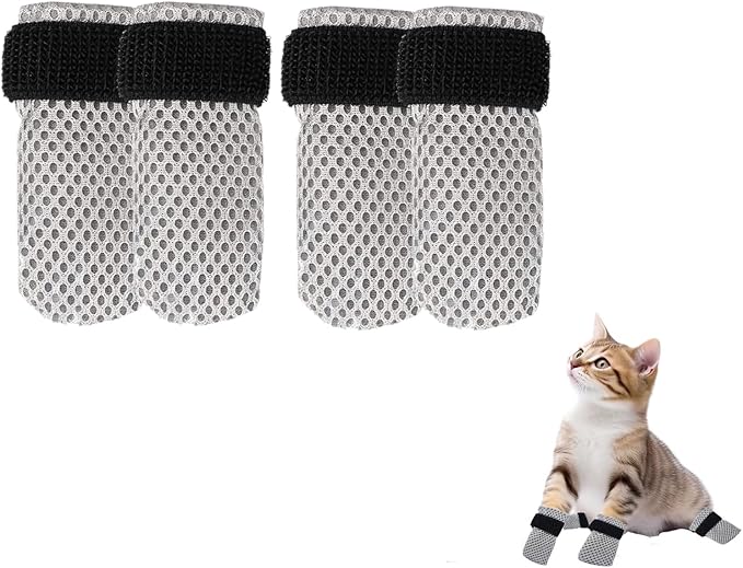 4 Pack Breathable Cat Shoes to Prevent Scratcning, Adjustable Only Cats Booties Mittens Socks (Grey, M)
