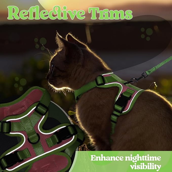 rabbitgoo Cat Harness and Leash Set, Escape Proof Soft Adjustable Vest Harnesses for Outdoor Walking, Easy Control Breathable Kitten Jacket with Reflective Strips, Pink & Light Green, XXS