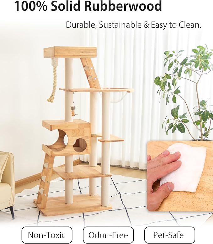 Wood Cat Tree for Large Cats, 62-Inch Tall Modern Cat Tower with Condo & Scratching Posts - Easy to Clean, Heavy-Duty, Furniture-Grade Design for Stable Climbing, Eco-Friendly (White 62'')