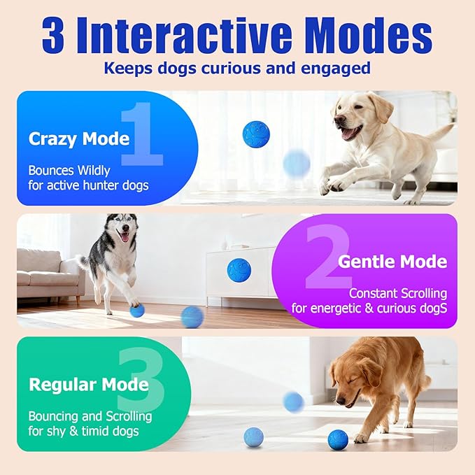 Interactive Dog Ball Auto Rolling, 3 Mode Auto Bouncing Ball, Automatic Moving, Rotating and Bouncing, Chew Proof E-TPU, Type-C Rechargeable, Activated Dog Stimulation, Toy to Keep Them Busy