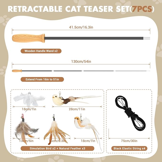 ROSAUI Cat Teaser Wand Toys, Interactive Bird Toy for Indoor Kittens, 53.15’’ Long Cat Fishing Pole Toys, 2X Wires and 5X Natural Refills, Sustainable Wooden Handles, Exercising, Playing