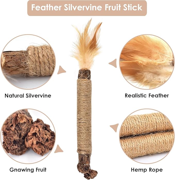 Bissap 10 PCS Silvervine Chew Sticks for Cats, Catnip Chew Sticks Cat Toys for Indoor Cat Kitten Teeth Grinding Interactive Feather Toys for Aggressive Chewers Dental Care