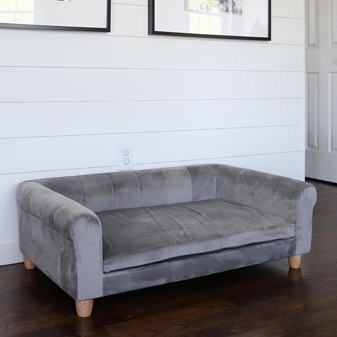 Critter Sitters 42-In. Elegant Gray Faux-Velvet Rectangular Large Dog Bed for Medium and Large Dogs, Durable Elevated Dog Beds, Comfortable Dog Couch, Modern and Stylish Plush Sofa for Dogs