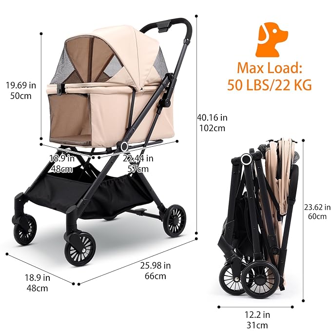 4 Wheels Pet Stroller, One-Step Folding Puppy Cage Jogger Stroller with Sun Cover, Pad and Breathable and Visible Mesh for Small/Medium Pets up to 50 lbs