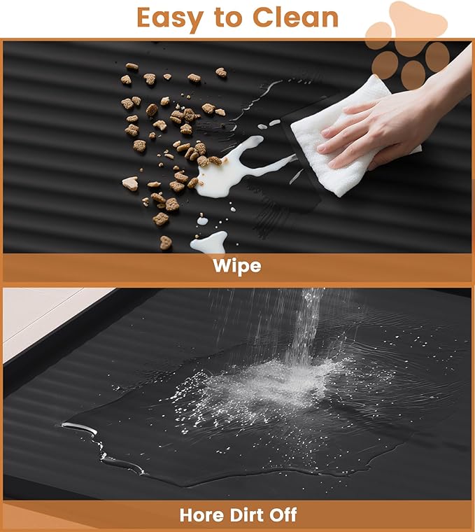 Dog Food Mat 36"x24", Waterproof Pet Feeding Mat with Diversion Grooves and Raised Edges, Large Non-Slip Dog Bowl Mat for Food and Water, Cat Food Mat for Floors, Easy to Clean, Black