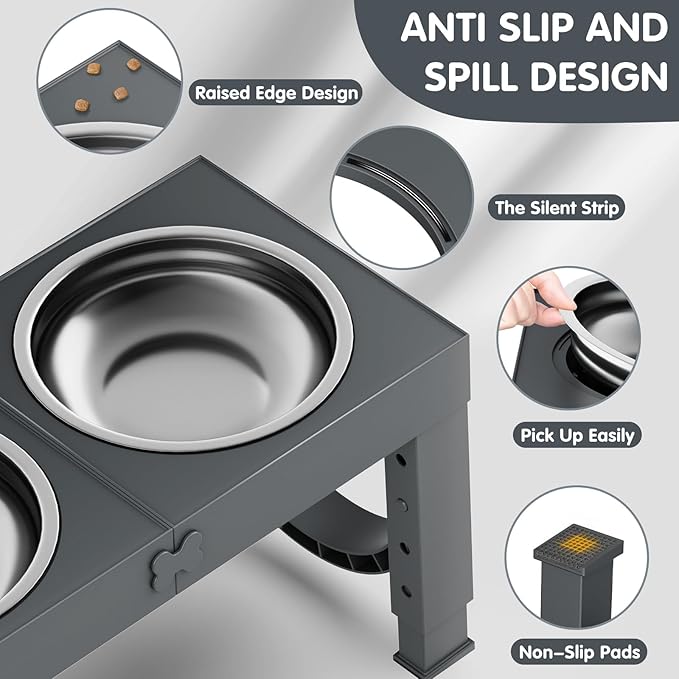 XIAZ Elevated Dog Bowls Large Breed Raised Dogs Bowl Stand Large/Medium Sized Dog 1L Food Water Bowl Stands 5 Heights Adjustable 9/11/12/14in Grey Pet Feeder Dish Station