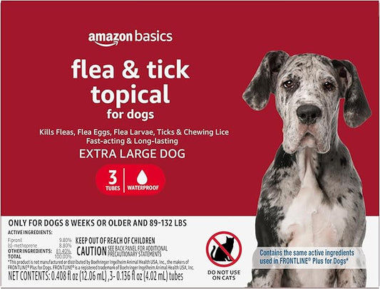 Amazon Basics Flea and Tick Topical Treatment for X-Large Dogs (89-132 Pounds), 3 Count, Packaging May Vary