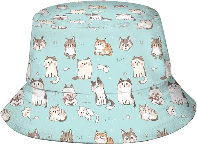 Cute Funny Cat Bucket Hats Fashion Sun Cap Packable Outdoor Animal Cat Fisherman Hat for Women and Men