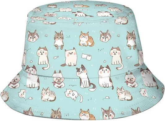 Cute Funny Cat Bucket Hats Fashion Sun Cap Packable Outdoor Animal Cat Fisherman Hat for Women and Men