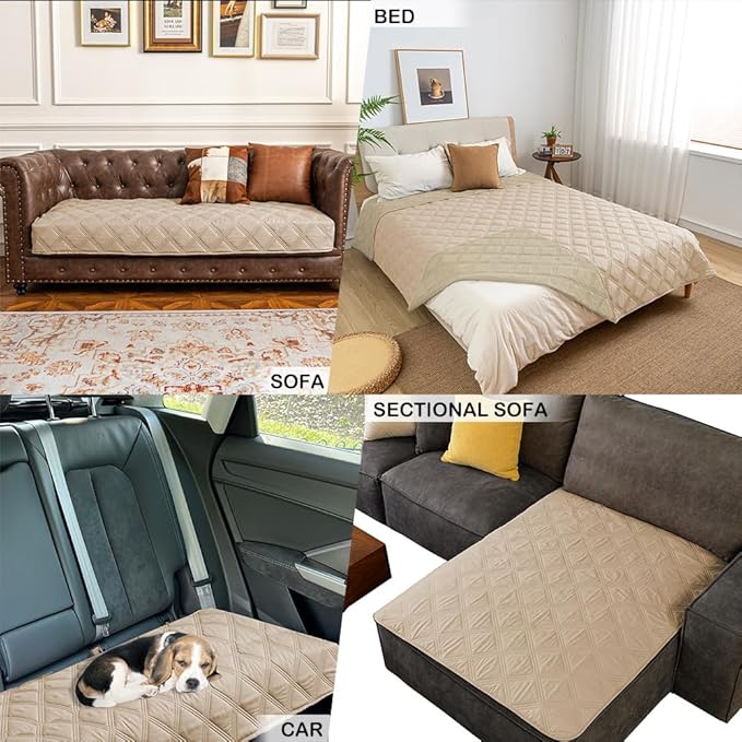 fuguitex Waterproof Dog Blanket Reversible for Small Dogs Resistant Leakproof Washable Couch Cushion Bed Protector Cover for Indoor Furniture Pet Friendly（82"*102",Beige+Khaki