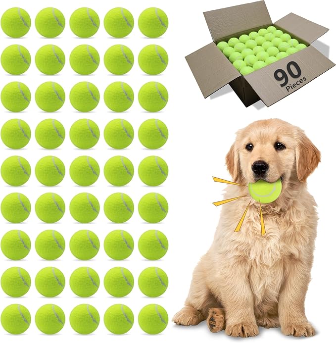 Magicorange Dog Tennis Balls,90 Pack 2.5 inch Floatable Squeaky Tennis Balls for Fetch Exercise, Natural Rubber Squeaky Dog Ball Training Safe (Yellow, 2.5inch)