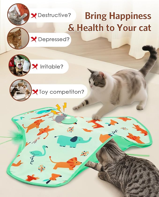 Interactive Cat Toy, Automatic Kitten Cat Toys for Indoor Bored Adult Cats, Rechargeable Cat Toys with Motion Activated, Real Mouse Squeaky, Moving Concealed Feathers, Hide & Seek