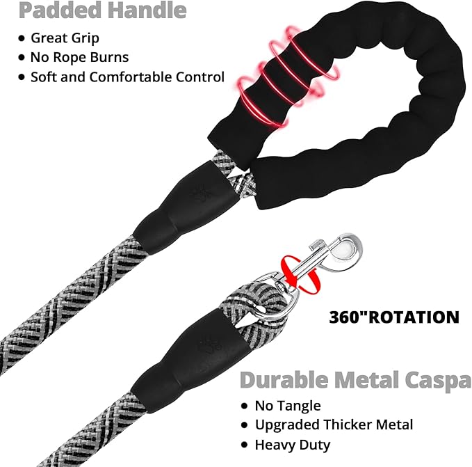 Long Dog Leash 10 FT: Heavy Duty Rope Leashes for Dogs Training with Swivel Lockable Hook Reflective Threads Bungee and Padded Handle - Dog Lead for Large Small Medium Dogs Outside Walking Hiking Grey