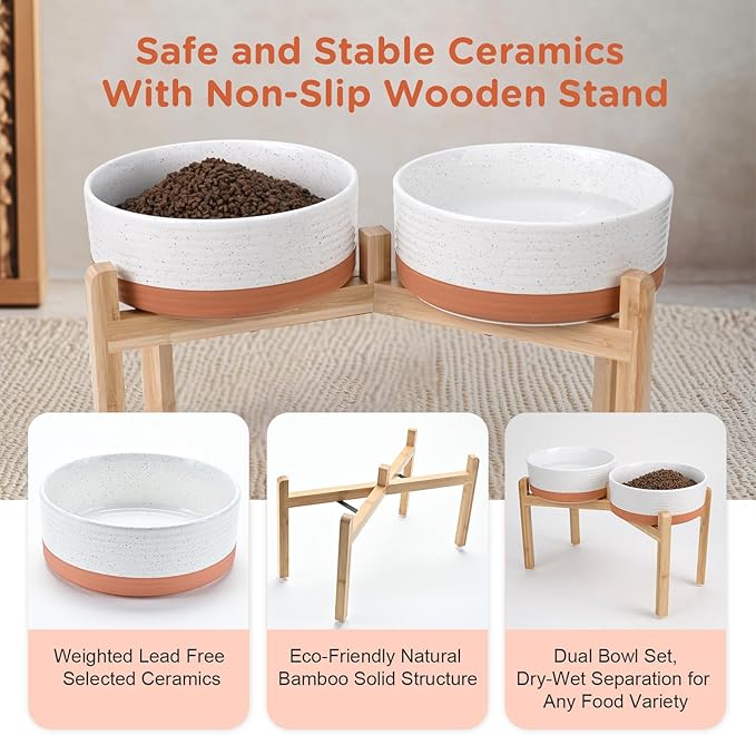 SPUNKYJUNKY Elevated Dog Bowls Ceramic, 8.3'' Dogs Food Water Bowls Raised with Non-Slip Bamboo Stand for Large Sized Breed Microwave Dishwasher Safe - 60 OZ,Pattern White