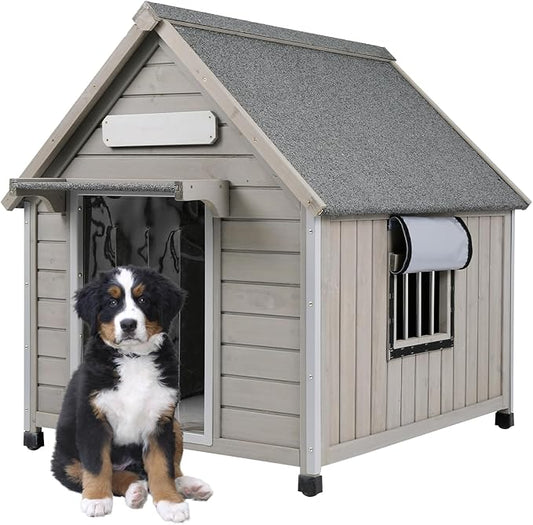 PetsCosset 30.5" L Outdoor Dog House with Waterproof Asphalt Roof for Small to Medium Dogs,Large Wooden Indoor Dog Kennel with Anti-Chewing Metal,Oxford Cloth Window,Durable Doghouse for 1-2 Dogs