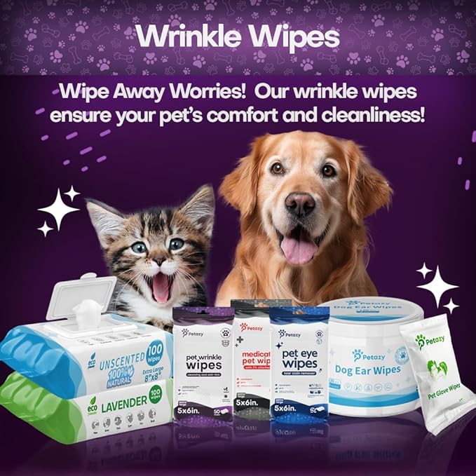 Wrinkle Wipes for Dogs 50 Count 5x6 | 3X Larger Dog Face Wipes for French Bulldog and Pug - Cleans Skin Folds, Tear Stains, Tail Pockets | Anti-Itch, Soothing & Hypoallergenic with Coconut Oil
