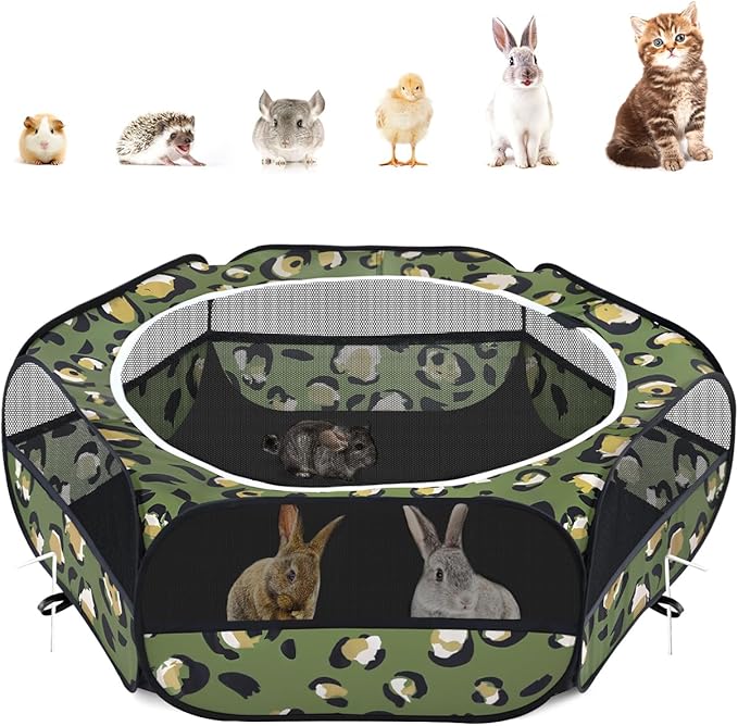 Pawaboo Small Animals Playpen, Waterproof Small Pet Cage Tent with Zippered Cover, Portable Outdoor Yard Fence with 3 Metal Rod for Chick/Kitten/Puppy/Guinea Pig/Rabbits/Hamster, Leopard Print