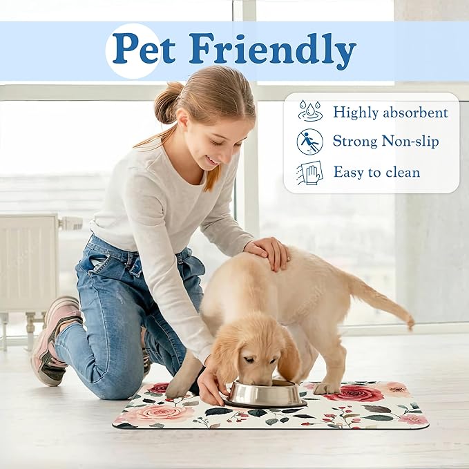 Pink Flower Leaf Pet Feeding Mat–Quick Dry Absorbent Dog Cat Food Mat, Non Slip Waterproof Bowl Placemat for Messy Eaters, Pet Accessories for Floors 16"x24"