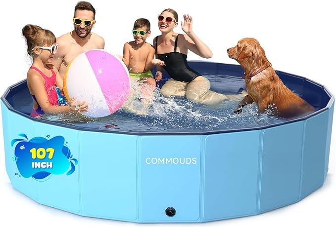 COMMOUDS 107 Inch Foldable Dog Pool, Extra Large Collapsible Hard Plastic Dog Kiddie Swimming Pool, Portable Pet Bath Tub Wading Pools for Kids and Puppy Small Medium Large Dogs