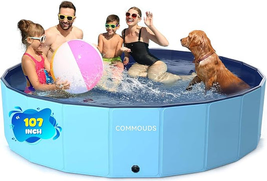 COMMOUDS 107 Inch Foldable Dog Pool, Extra Large Collapsible Hard Plastic Dog Kiddie Swimming Pool, Portable Pet Bath Tub Wading Pools for Kids and Puppy Small Medium Large Dogs