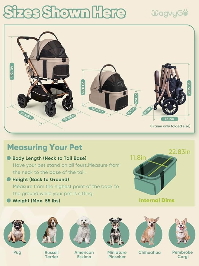 Small Dog Stroller, Pet Stroller for Small Dogs, 5-in-1 Dog Strollers - Fold All in One Without Detaching Carrier, Pet Strollers with Removable Waterproof Carrier for Dogs Cats 10 lbs 20 lbs - Khaki