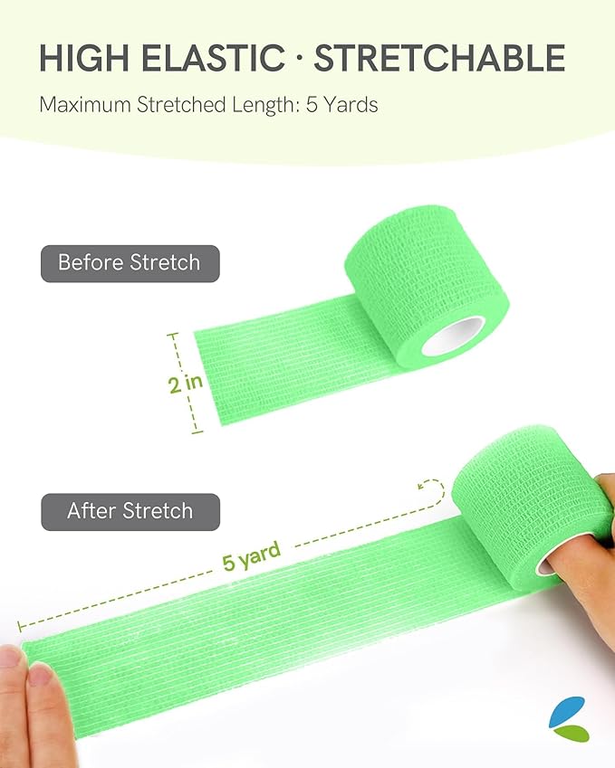 FriCARE Self Adhesive Bandage Wrap, Medical Tape in First Aid Kit, Cohesive Bandages for Wounds Sport Vet, FSA/HSA Eligible, 2 Inches X 5 Yards 6 Rolls, Fluorescent Green