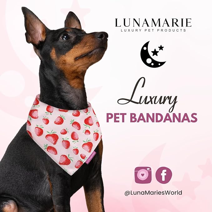 LunaMarie - Luxury Dog Bandanas - Cute Unique Designs | Premium & Silky Poly Fabric | 100% Handmade Custom Shape Dual Layered Small, Medium, Large Cat Scarf (Strawberry, Large)