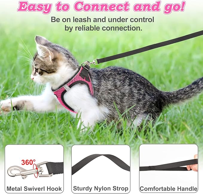 Cat Harness and Leash for Walking Escape Proof, Adjustable Kitten Vest Harness Reflective Soft Mesh Puppy Harness for Outdoor, Comfort Fit, Easy to Control (Pink, S)