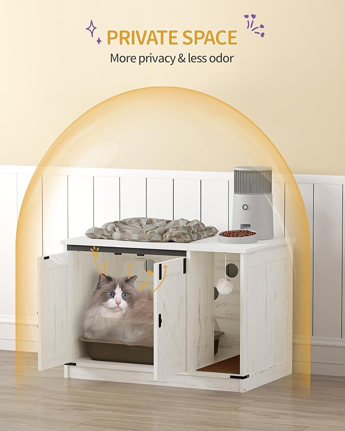 Cat Litter Box Enclosure, Hidden Litter Box Cabinet Furniture with Bell, Indoor Cats House, Farmhouse Style, 31.5 x 19.7 x 20.9Inches, for Hallway, Bedroom, White CB82414B