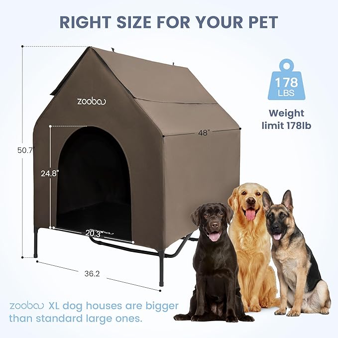 48" XL Outdoor Dog House – Weatherproof Elevated Pet Shelter, Breathable Mesh & Steel Frame, Easy to Assemble & Clean, Large Dog Houses for All Seasons (Brown)