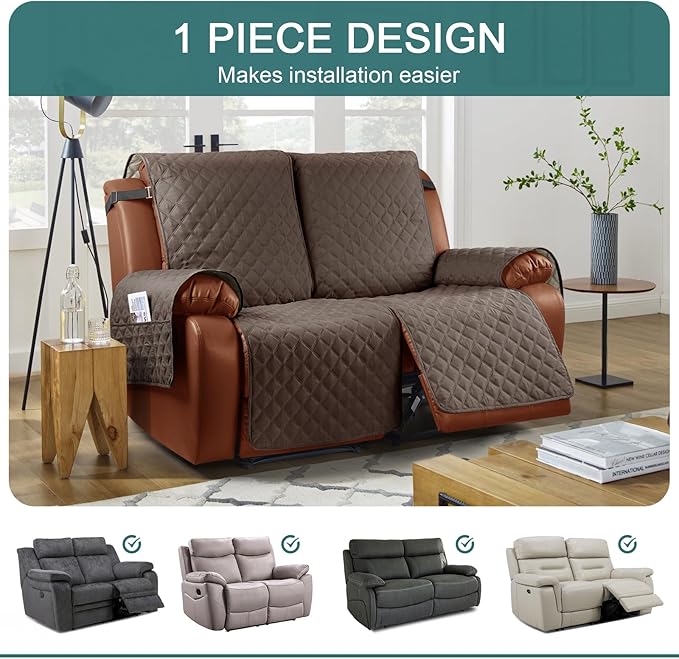 Ruaozz Waterproof Recliner Sofa Cover 1-Piece Couch Covers for Reclining Couches Reclining Sofa Cover Washable Furniture Protector with Elastic Straps Pocket for Kids, Pets (Brown, 2 Seater)